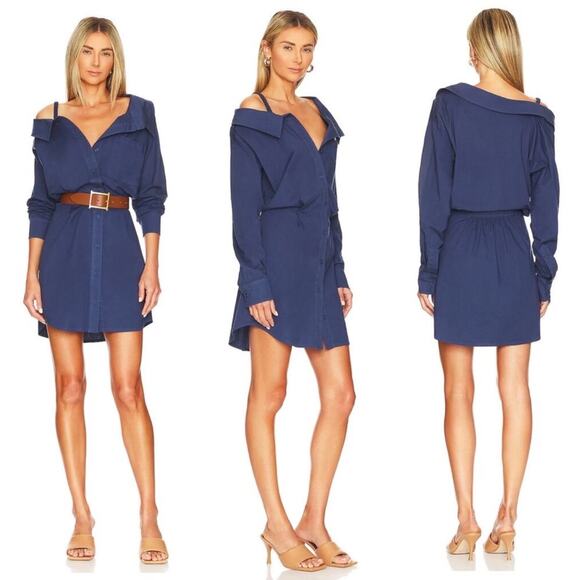 MONROW Stretch Poplin Mini Shirt Dress French Navy Off Shoulder Medium NEW - Picture 11 of 11